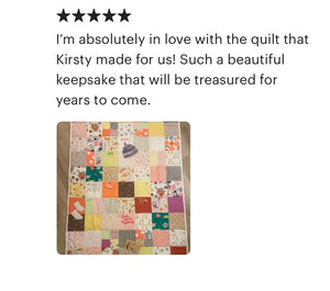 A beautiful left left by a customer about a memory keepsake quilt that they had created from their babies first outfits